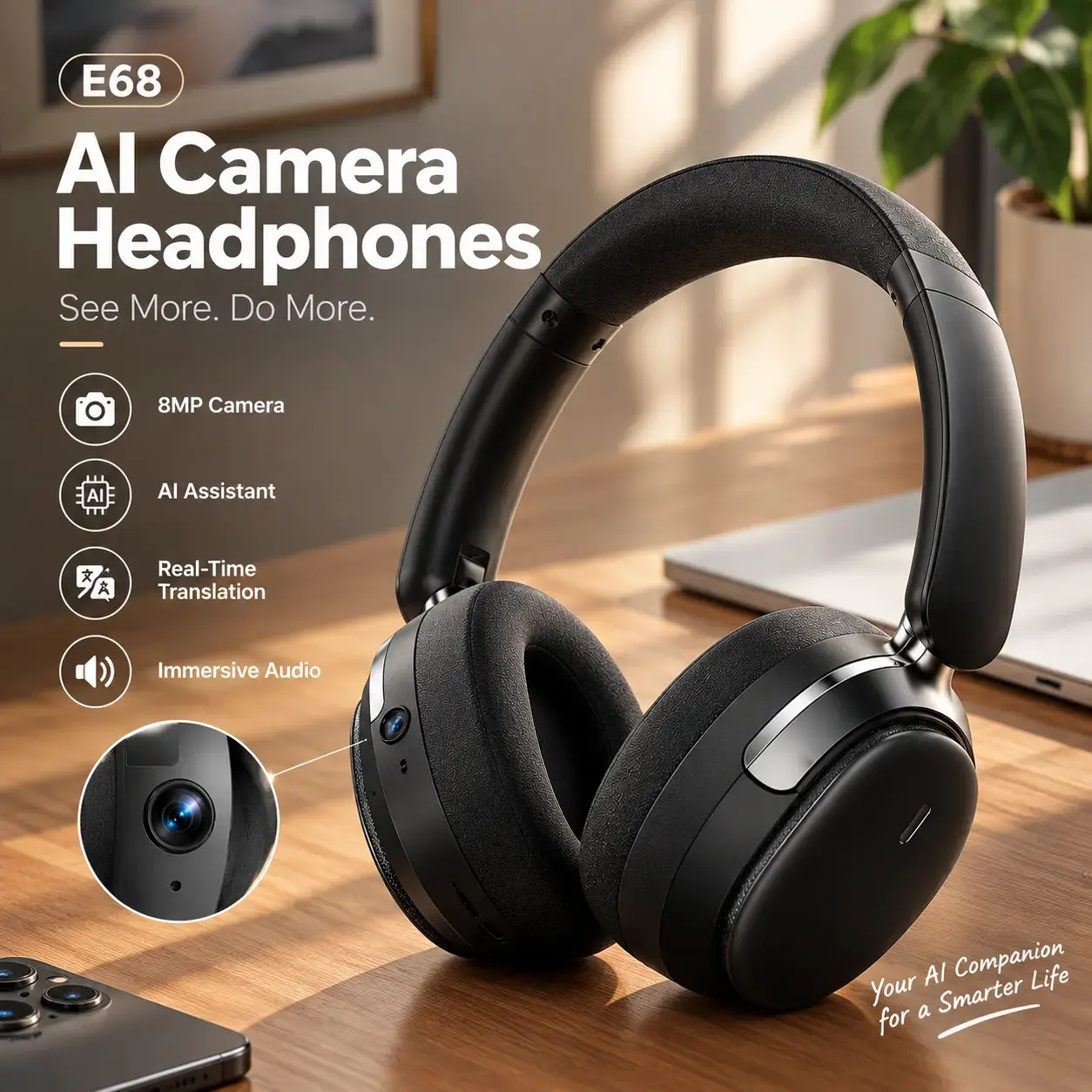 E68 AI Camera Headphones, 8MP Sony Camera Smart Headset with AI Assistant, AI Vision, Real-Time Translation, Voice Recording, Dual 40mm Speakers, Bluetooth Wireless Headphones for Travel, Work & Life