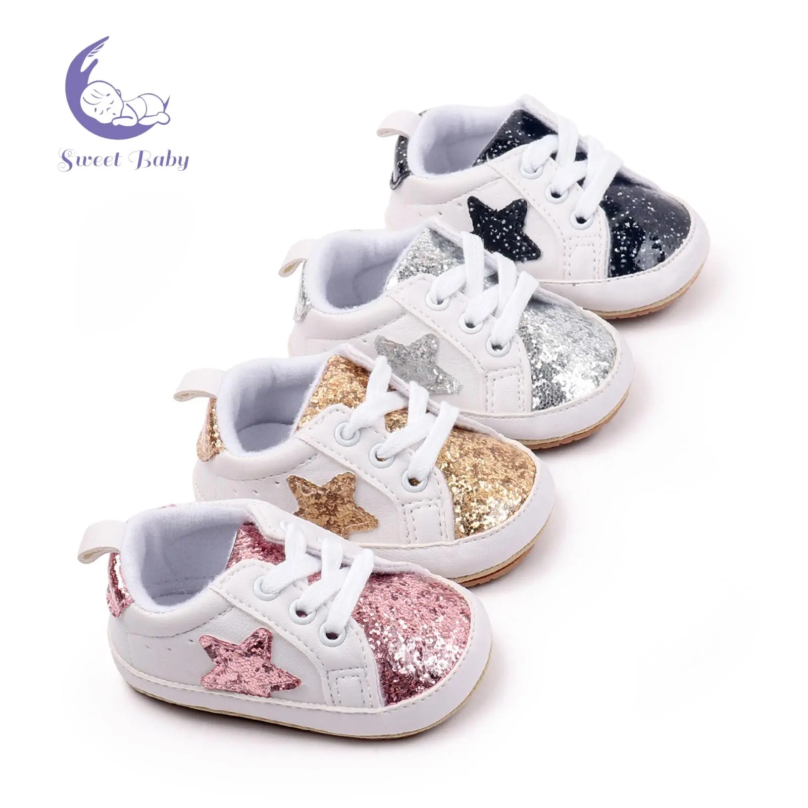 Infant Sneakers for 0-18mths, PU Upper Baby First Walking Shoes with Contrast Color, Sequins Shoelace, Soft Non-Slip Sole for Spring & Fall, Toddler Shoes Infant, Silver