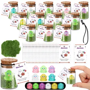 6/10/30/37 Sets Halloween Ghost in a Mason Jar Glow In The Dark Little Ghost with Cork Miniature Bottle with Luminous Scary Mummy and Simulated Moss for Halloween Decorations Party Gifts DIY Craft