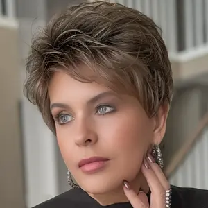 2025 Arrivals Wholesale Women's Natural Look Human Hair Pixie Cut Wig with Bangs & Layers - 180% Density Dark Brown 4 #   Brown, Rose Net Cap for Comfort & Security, Straight Texture & Natural Brown Highlights - Modern Short Hairstyle for Everyday & Forma