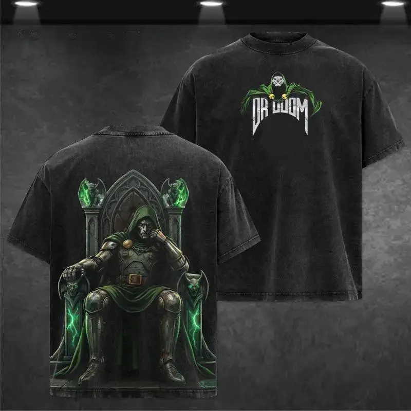 Dr Doom Double Sided Graphic Tee Vintage Washed Oversized Streetwear Heavy Cotton Unisex Casual Top Perfect Gift For Supervillain Comic Fans And Grunge Style Lovers