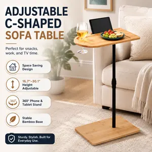 Bamboo C Shaped Side Table Height Adjustable Couch Tray Table with Device Slots Oval or Rectangle End Tables for Living Room Sofa and Bedroom Bed Space Saving Small Space Furniture C Table Snack Desk Overbed Laptop Stand