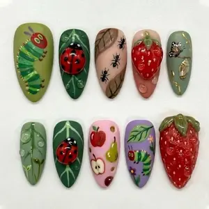 Cute Insect and Fruit Press On Nails, Caterpillar and Ladybug Nail Art, Strawberry and Apple Design, 3D Nature Inspired Nails, Nail Art Kit Nail Box