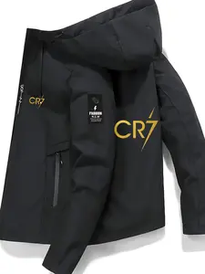 Men's Fashion Jacket with Cr7 Logo, Stylish Zipper Pockets, Casual Hooded Design, Polyester Material, Spring & Fall Wear