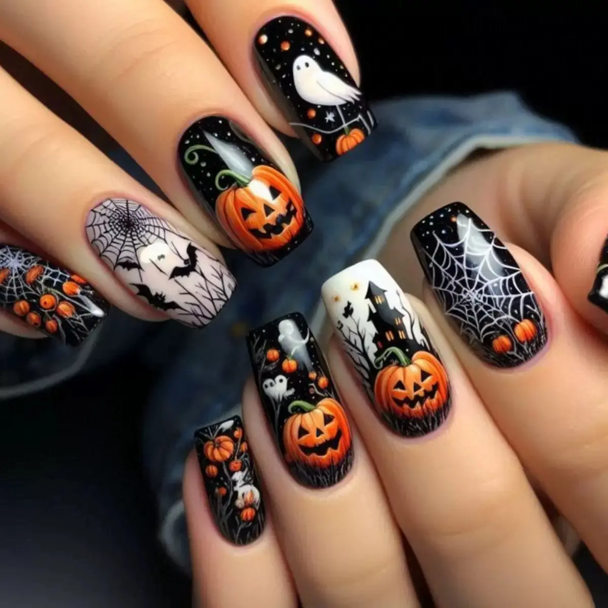 24-Piece Halloween Women's Stick-On False Nail Set: Pumpkin and Spider Web Designs, Cute Little Ghost Designs, Black Artificial Nails, Long Full-Coverage Nail Tips, DIY Nail Art