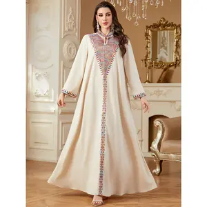 Elegant Beige Long Sleeve Dress with Colorful Sequin Decorations - Stand Collar, A-Line Silhouette, Perfect for All Seasons, Formal Attire | Sequin Decorated Dress | Polyester Fabric