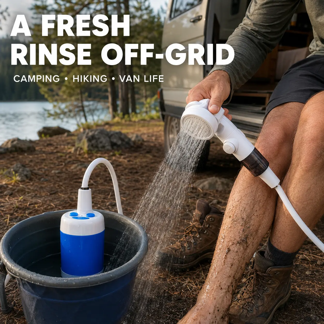 Portable Camping Shower with Rechargeable Pump, 2-Mode Water Flow and 3-Mode Shower Head, Type-C Outdoor Shower Kit with 6.6 FT Hose for Camping, Pet Washing, Beach and Garden
