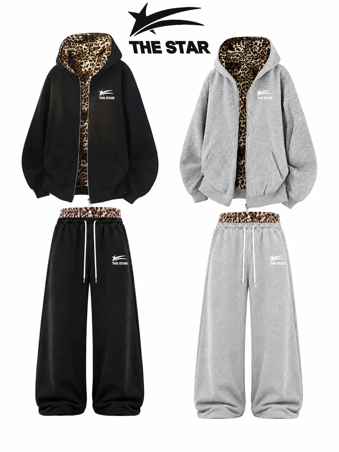 Reversible Leopard Print High Waist Hoodie Set, Hooded Letter Star Graphic Running Sweatshirt with Faux Two-Piece Leopard Double Waistband Pants, Casual Streetwear Tracksuit, Loose Fit Pullover and Sweatpants Outfit, Trendy Athletic Lounge Set Unisex