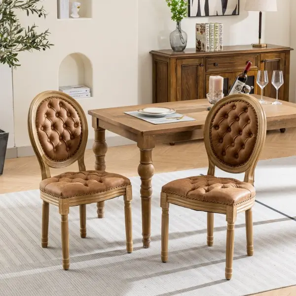 Vintage French-Style Dining Chairs Set of 2 - Tufted Back, Nailhead Trim Faux Leather, Solid Wood Legs, Supports 300lbs, for Kitchen & Dining Room