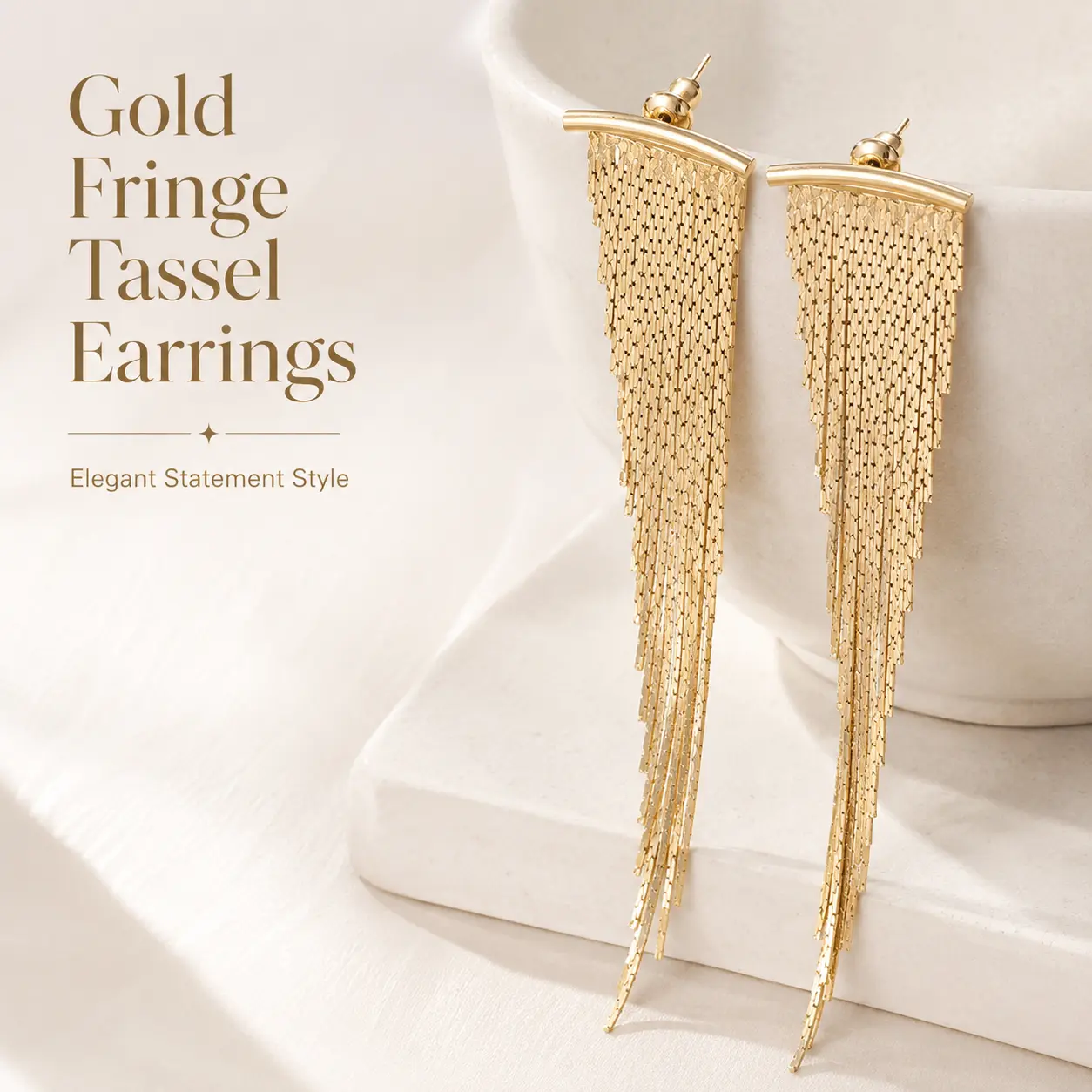 Gold Tassel Drop Earrings for Women, Elegant 9 cm Long Chain, Lightweight Statement Fashion Jewelry for Daily or Special Occasion Wear