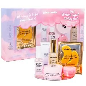 Dream Team Skincare Gift Vegan Set – with Under Eye Masks, Rose Water Spray, Cleansing Balm, Lip Mask & Hyaluronic Acid by grace & stella