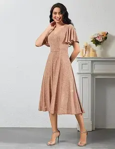 Women's Elegant V-Neck Short-Sleeve Regular-Sleeve Midi Dress - Polyester-Spandex Fabric, High-Waisted Flared Fit, Sparkling Star Embellishments, Summer Party Dress