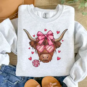 Highland Cow Valentine's Day Sweatshirt, Love-Themed Sublimation Sweatshirt, Ash Grey Polyester Jersey Clothing