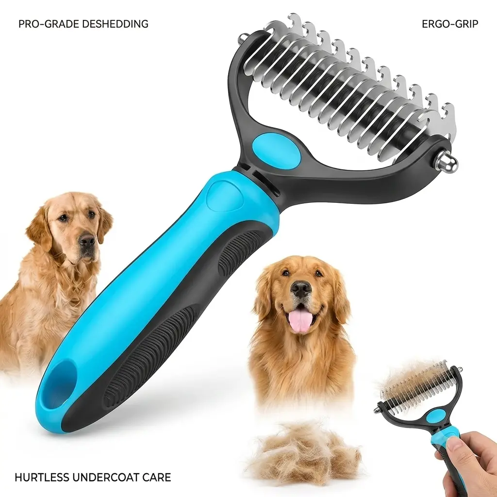 2-in-1 Pet Dematting Comb & Undercoat Rake - Safe Rounded Stainless Steel Teeth Grooming Tool for Dogs & Cats, Painless Tangle & Shedding Remover (Reduces Shedding by 95%)