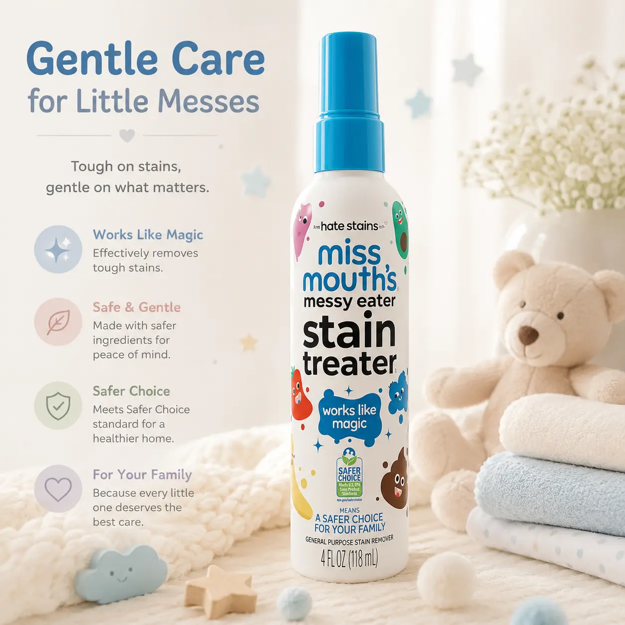 Miss Mouth's Messy Eater Stain Treater 4oz, Organic Baby Clothes Stain Remover for Food, Grease & Coffee