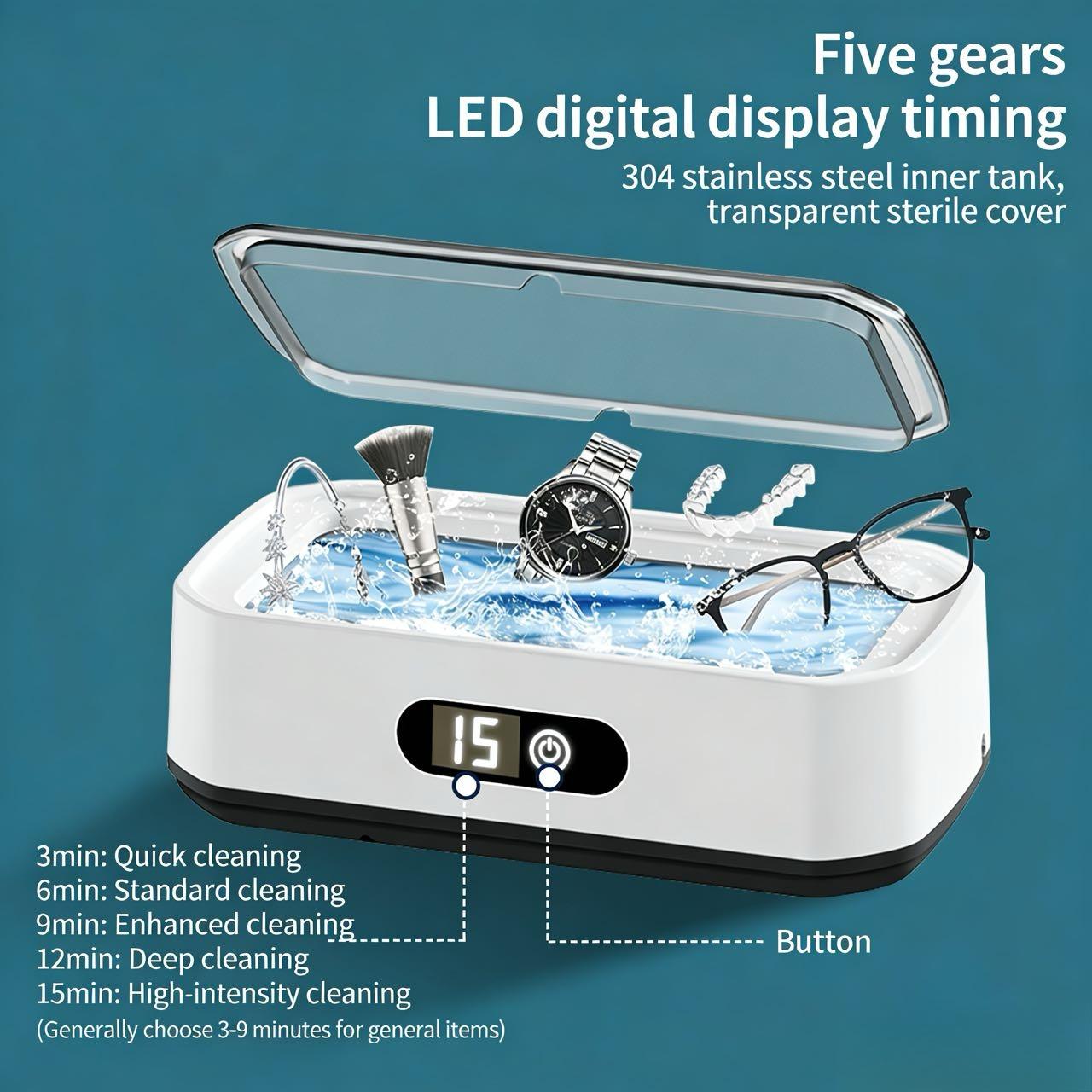 Ultrasonic Cleaner with 304 Stainless Steel Tank, 5 Timer Settings, Deep Cleaning Device for Jewelry, Glasses, Watches, Dentures, Retainers, Coins & Small Metal Parts