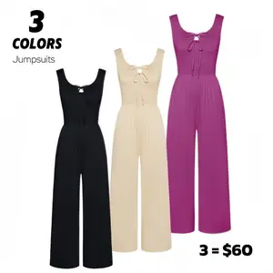 【New Arrival】GRACE KARIN Jumpsuits for Women Bow Tie Front Overalls Smocked Tops Wide Legs Casual Knitted Outfits with Pockets