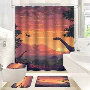 JIT 1/3/4 pcs Bathroom Set - Pixel Dinosaur World Pattern Bathroom Decor Set - Bathtub Cover, Bath Mat, Shower Curtain, 12 Hooks, Suitable for Bathroom Home Decoration