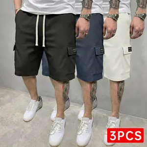 3-pack men’s waffle cargo shorts with large pockets and practical design; loose straight fit, breathable and comfortable; available in multiple colors; versatile for summer wear across various occasions.