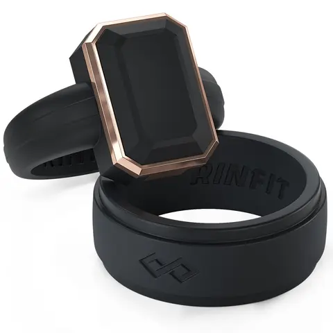Rinfit Silicone Ring Set for Couples, Black Emerald Metal Frame for Her and Infinity for Him, Matching Silicone Wedding Bands, Flexible for Work, Gym, Travel and Everyday Wear, Patented Design