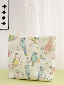 Parrot Print Casual Bag, Floral Pattern, Fashionable Shopping & Storage Bag, Perfect for Travel & Business Trips