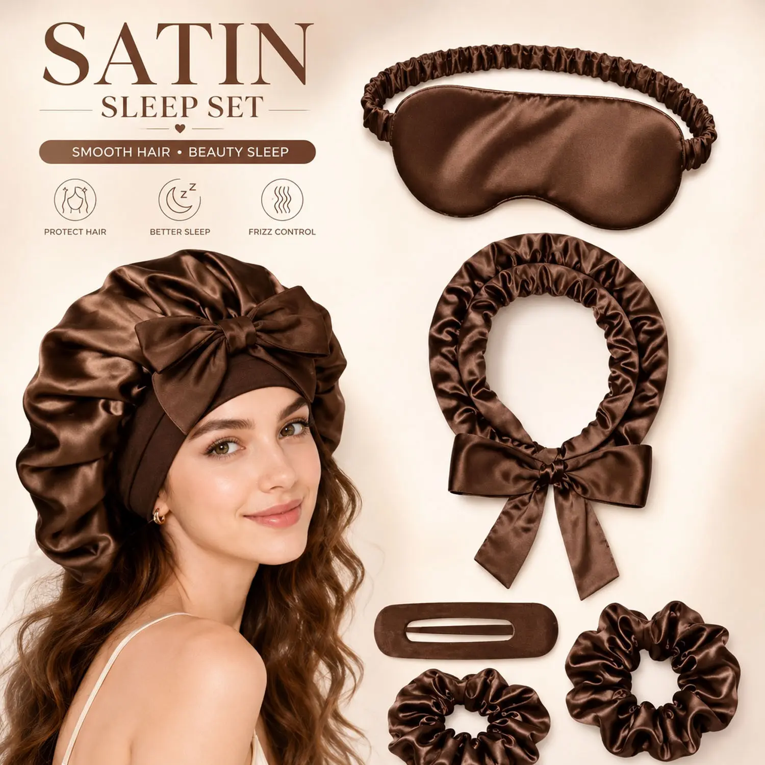 5Pcs Satin Sleep Set for Women, Luxury Overnight Hair Care Kit with Satin Bonnet, Sleep Mask, Heatless Curling Rod, Hair Clip & Scrunchie, Frizz Control Beauty Sleep Set for Smooth Hair, Soft Curls & Self Care, Hair Styling Tools