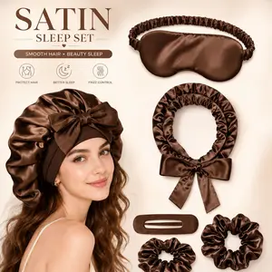 5Pcs Satin Sleep Set for Women, Luxury Overnight Hair Care Kit with Satin Bonnet, Sleep Mask, Heatless Curling Rod, Hair Clip & Scrunchie, Frizz Control Beauty Sleep Set for Smooth Hair, Soft Curls & Self Care