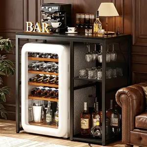 Homieasy Mini Fridge Cabinet Stand with Power Outlet, Coffee Bar Cabinet with Mini Fridge Space, Bar Stand with Microwave Shelf with Wine Rack for Kitchen, Dorm