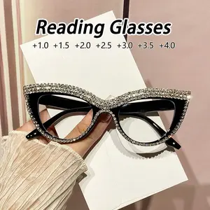 Women's Plastic Cat Eye Diamond Embellished Reading Glasses, Luxury Casual Fashion Eyewear, High-End Elegant Old Age Vision Correction
