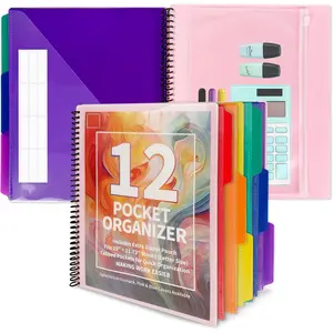 12-Pocket Poly Project Organizer, Heavy-Duty Poly Cover, Clear Front Pocket, 6-Color Dividers with 1/3-Cut Tabs, Fixed Zipper Pouch, Letter-Size,