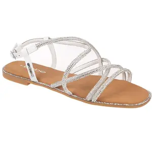 bebe Women's Strappy Flat Sandals – Slingback Dress Sandals with Rhinestone Detailing, White, 6