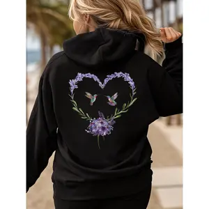 Women's Hummingbird Lavender Flower Heart Botanical Nature Lover Hoodie Long Sleeve Hooded Casual Soft Cozy Fashion Streetwear Gift for Her