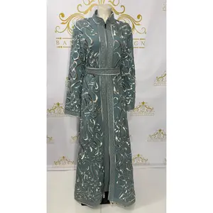 Kaftan Dress Calligraphy Design Women's Long abaya Silver Embroidery | Dusty Teal