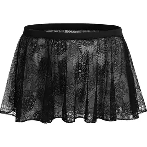 Lingerie Sheer Lace Floral Flared Pleated Micro Mini Skirt Nightwear, Sissy Skirts for Men Crossdressing Menswear Clothes Womenswear Bottom
