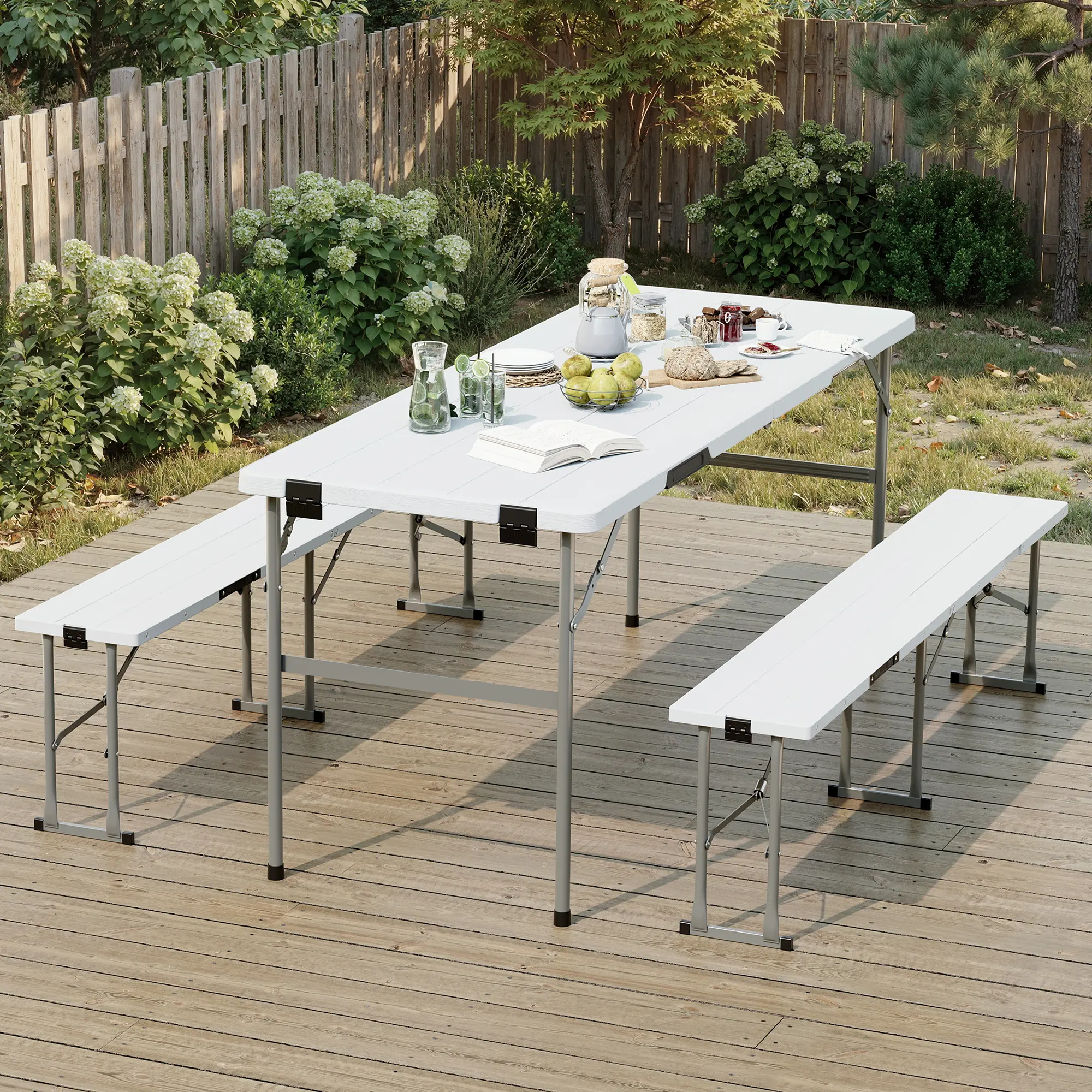 Picnic Table Set with 2 Benches,6 Feet Folding Camping Table Chair Set with Wood Grain Tabletop ,3-Piece Outdoor Indoor Portable Folding Furniture for Party, Camping, Picnic, Weddings