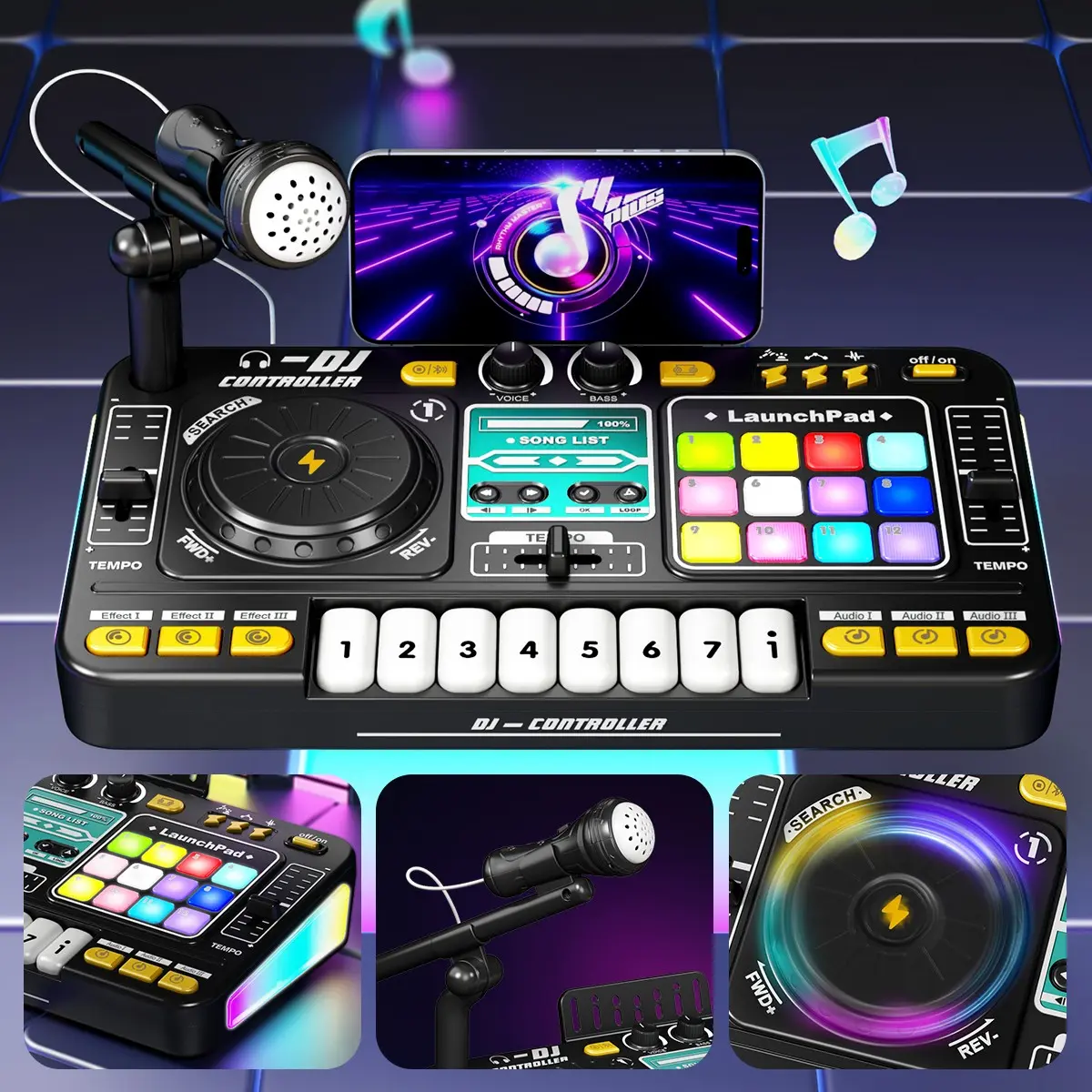 Multifunctional Electronic Dj Toy with Light Sound Effect Microphone, 12 Preset Music, Recording Programming Multi-Effect, Best Musical Gift, Dj Controller Mixer, Dj Mixer Effects