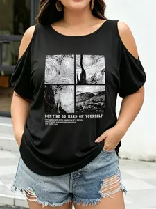 Women's Plus Size Cold Shoulder T-Shirt, Van Gogh Starry Night Grid Art "Don't Be So Hard On Yourself" Motivational Graphic Tee, Loose Casual Aesthetic Top Womenswear Everyday women oversized tshirt retro