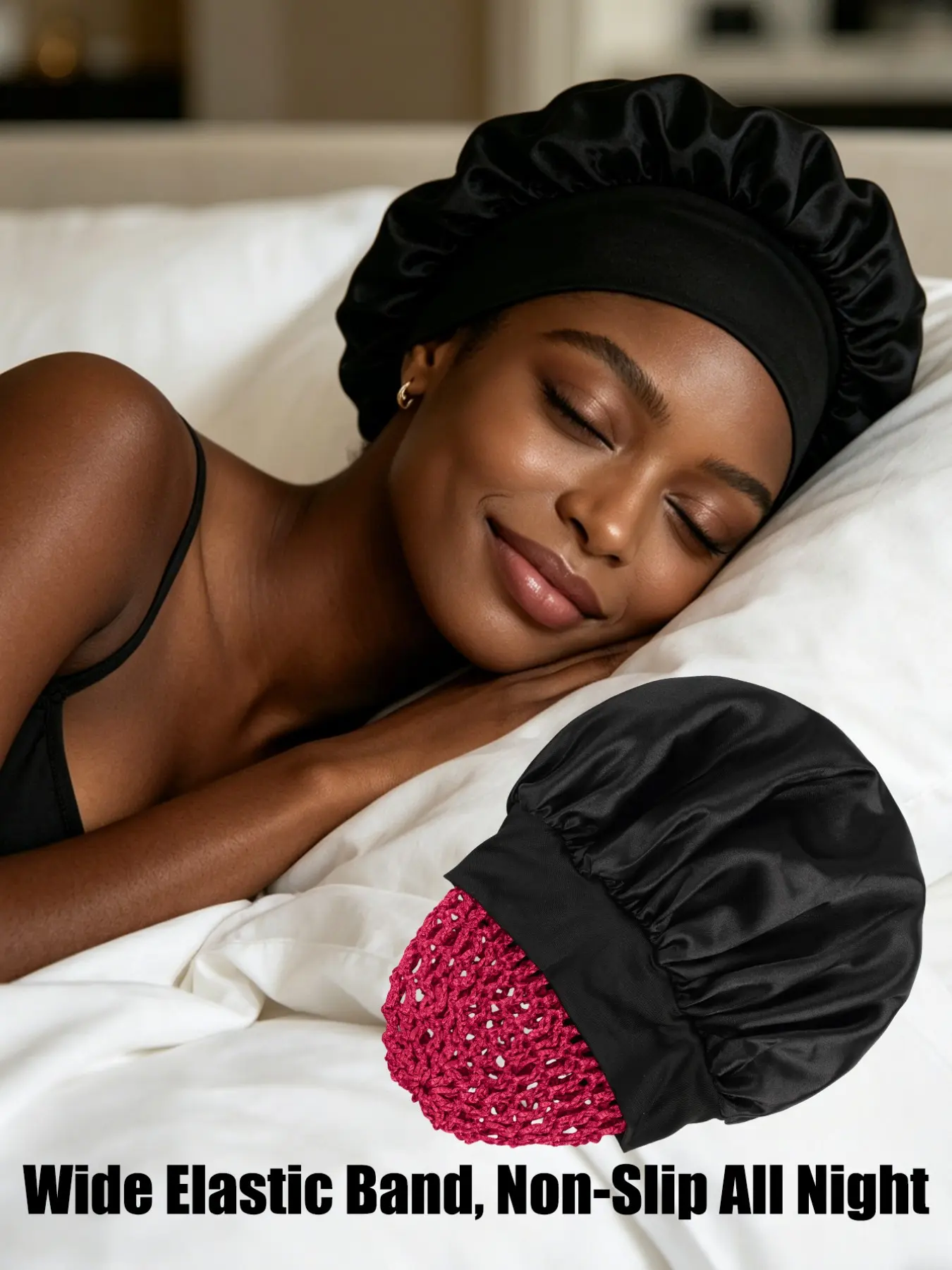 Two-In-One Women's Wide Brim Elastic Satin Sleep Cap with Breathable Hair Net, Curling Set, Shower Hat, Comfortable Fashion Hat