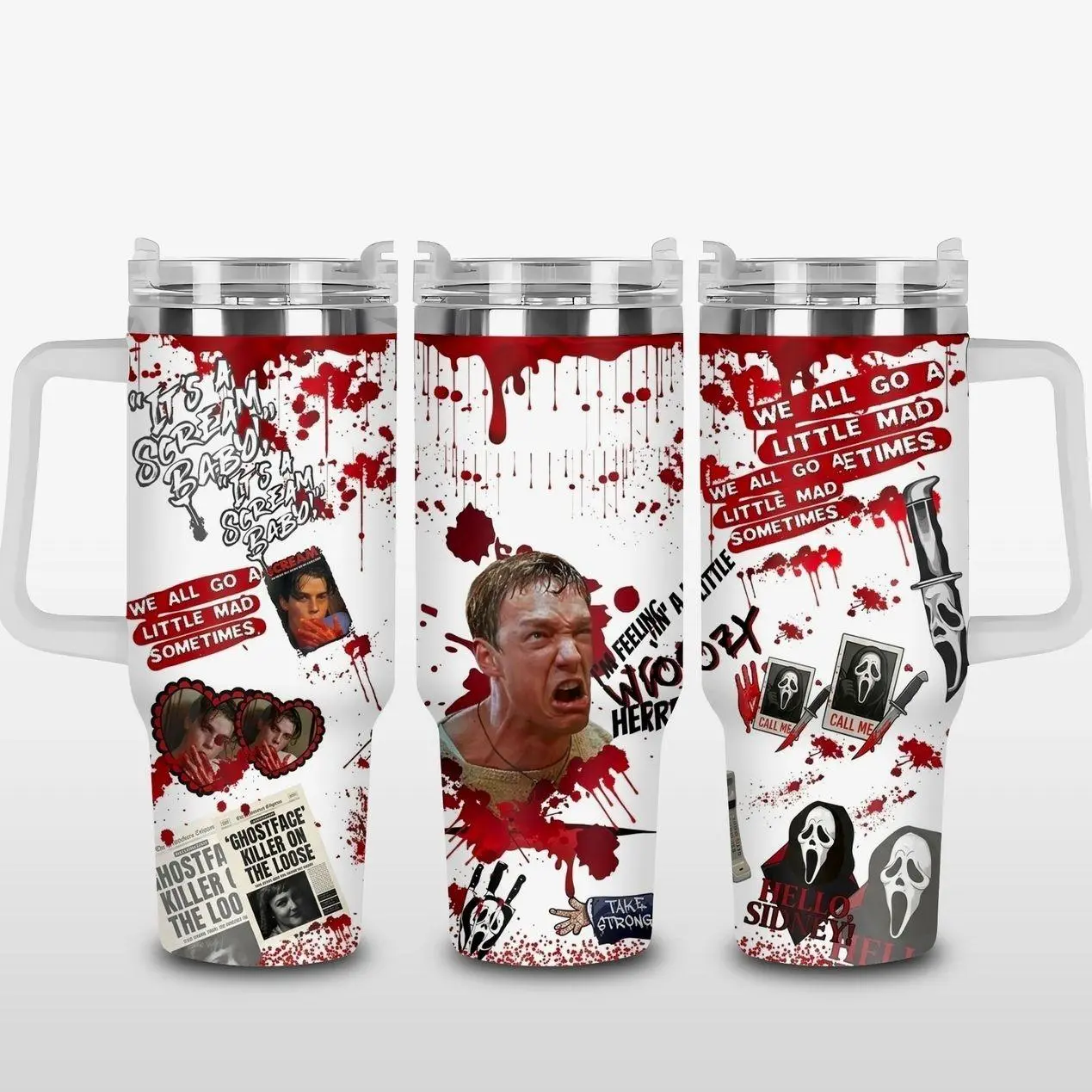 Scream Ghostface 40oz Tumbler with Handle, Horror Movie Inspired Stainless Steel Travel Mug, Ghostface Collage Cup, Slasher Fan Gift, Halloween Insulated Tumbler, Horror Lover Coffee Mug, Spooky Drinkware Gift for Fans