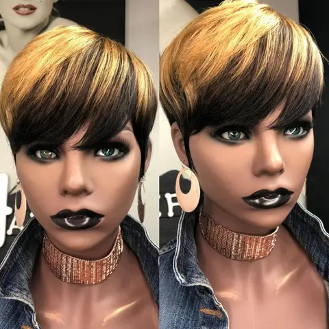 ShowRealHair Pixie Cut Wig for Black Women Golden Color Short Straight Pixie Cut Wigs Short Wigs for Women Machine Made Wigs Daily Use Short Hair Wigs