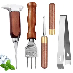 Ice Pick Set of 4 Stainless Steel Ice Chipper with Wood Handle, Japanese style Ice Crusher Ice Tong ideal for Bars, Bartender. Best Carving Tool (4PCS SET)…