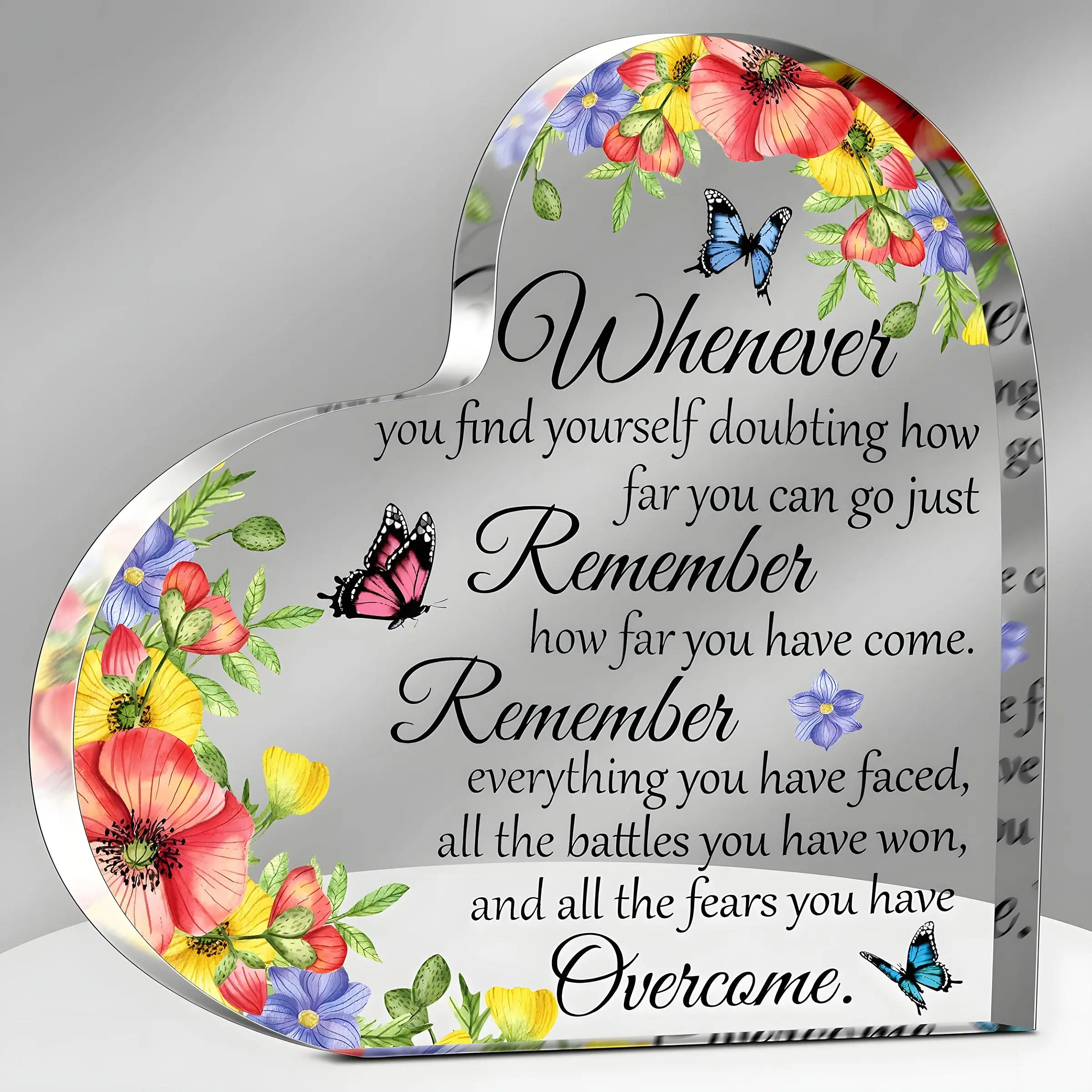 Flower & Butterfly Pattern Acrylic Desktop Ornament, Inspirational Heart Shaped Acrylic Decoration, Desktop Decorative Ornament for Home Office, Signs, Acrylic Plaque Decor