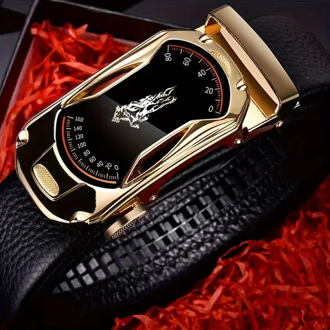 Genuine Cowhide Animal Hide Men's Leather Belt - Automatic Alloy G Buckle, Adjustable Fashion Belt with Buckle for Suits, Jeans