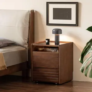 YESWOOD Solid Oak Nightstand with Hidden Drawers, Walnut Night Stand with Wheels, Rolling Bedside Table with Glass Tabletop and Open Shelf, Modern Wood Nightstand for Bedroom, Living Room