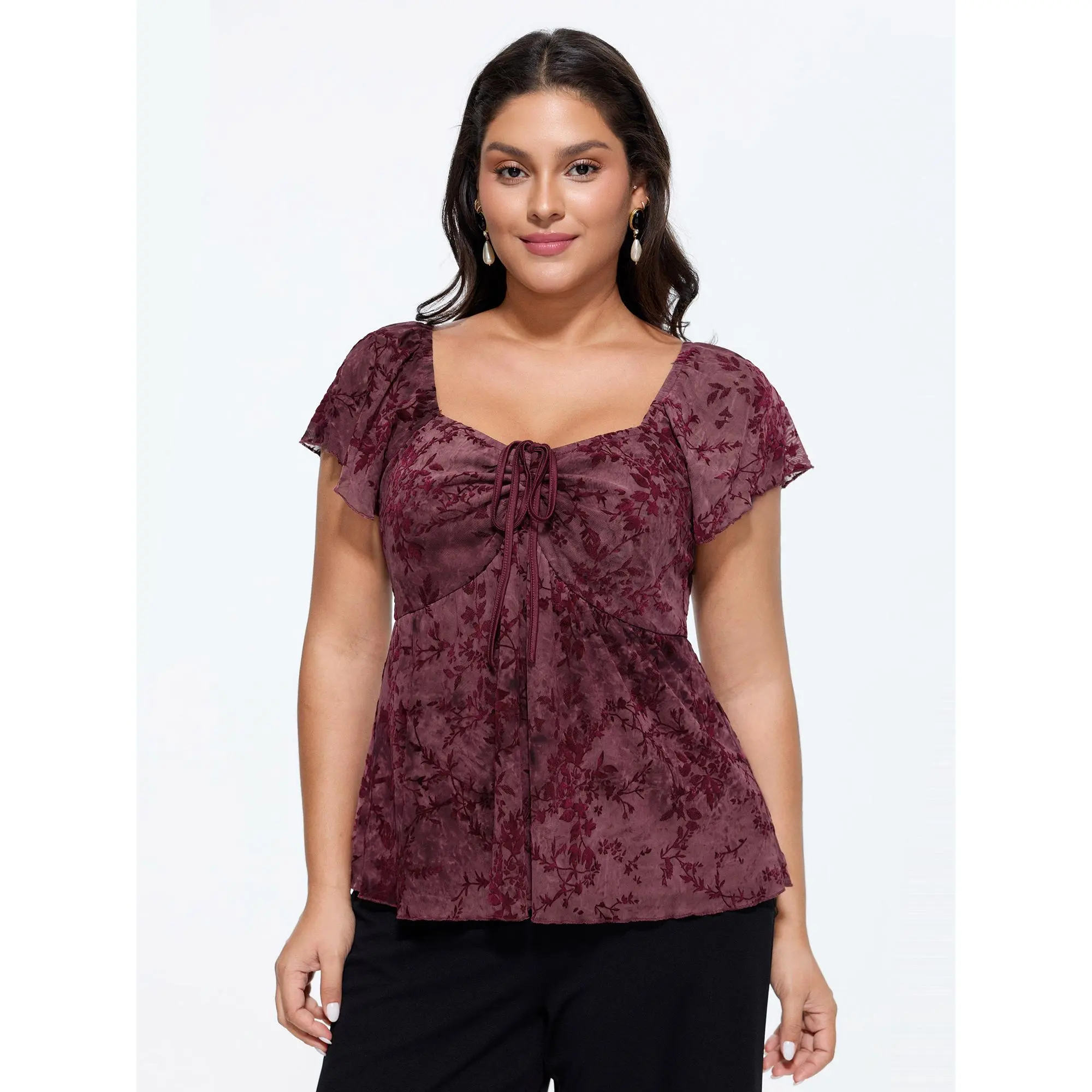 BloomChic Women's Plus Size Romantic Ditsy Floral Mesh Blouse with a Cropped Fit, Ruched Details and Cap Sleeves