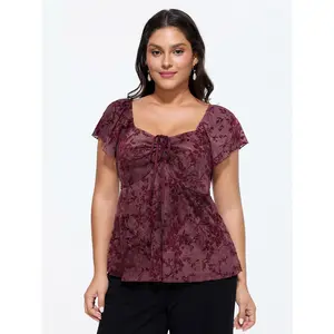 BLOOMCHIC Women's Plus Size Floral Print Mesh Ruched Knit Top [M-6X] - 2026 Summer Swimweek Vibes, Shirts, Blouse, Spandex Fabric Garment, Summer Style Deal