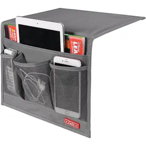 Bedside Storage Organizer Table Cabinet Bedside Organizer Caddy for Remotes Phone Glasses Classic 4 PocketsGrey