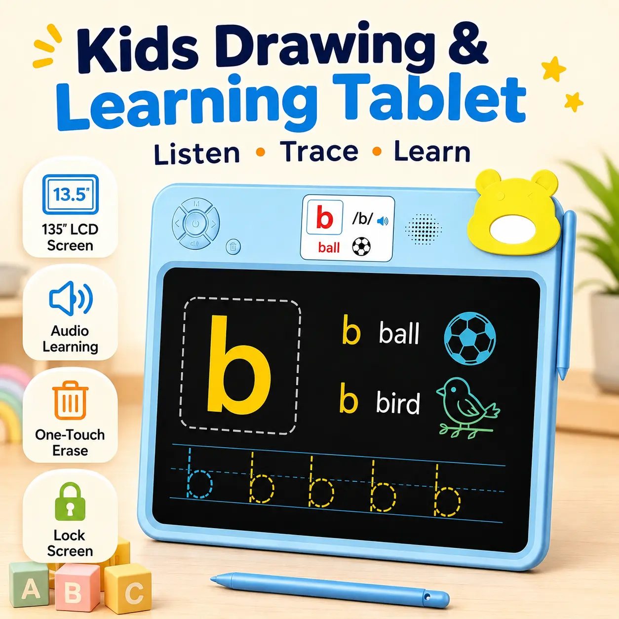 Kid-Friendly 13.5-Inch LCD Writing Tablet for Ages 3-6, Erasable Drawing Board with 2.8-Inch Learning Screen, Audio Learning, Tracing Templates & Stylus, Writing Tablet 13.5-Inch