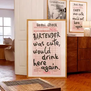 Bartender Was Cute Would Drink Here Again Poster Unframed, Bar Cart print, Black White Retro Guest Check wall art, Bartender gift, Men Cave decor
