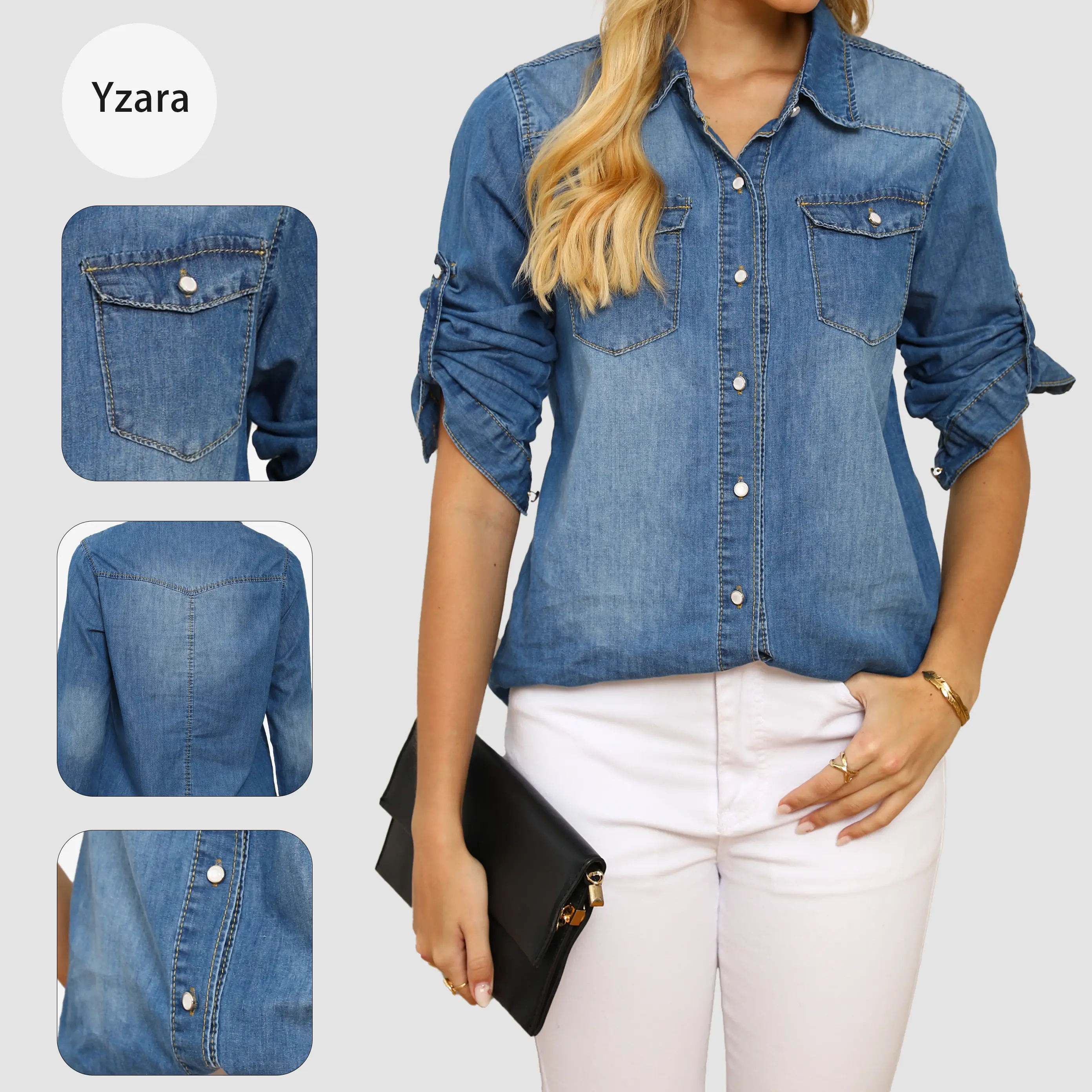 Women's Elegant Chic Western-Style Fitted Long-Sleeve Button-Up Denim Shirt with Chest Pockets for Casual Layering, Elegance, Blouses, Versatile Length, Button Front, Top, Fabric, Basic, Tops, Dress Casual, 3/4 Sleeve, Plain, Plain Look